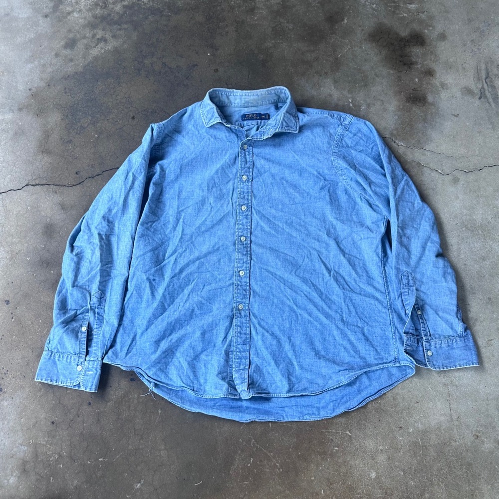 Polo Ralph Lauren Button Down Mens XXL Blue Fair Distressed Chambray Shirt